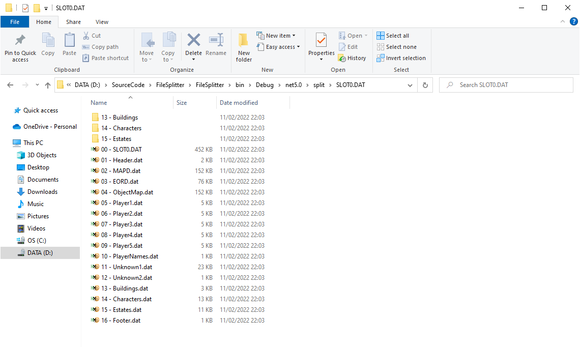 Screenshot of File Splitter output