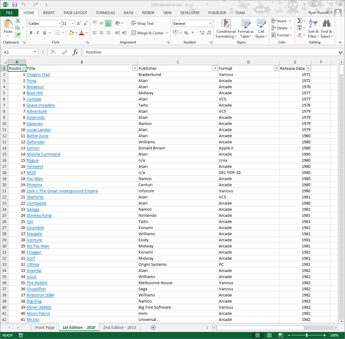 Spreadsheet of 1001 Games list